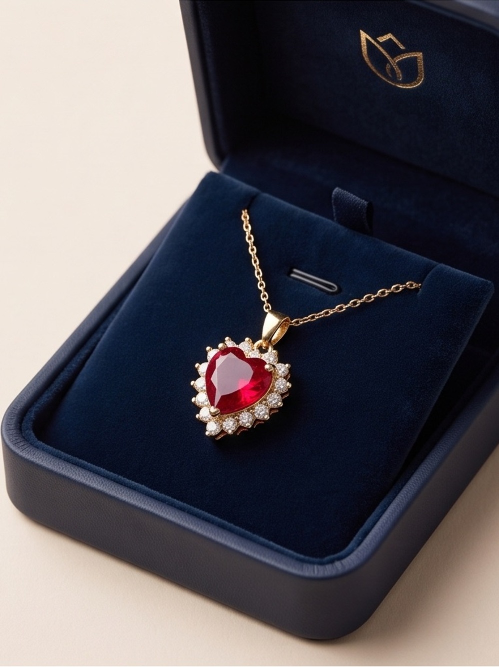 Gold Heart Pendant Necklace with Red Gemstone and Crystal Halo Adjustable